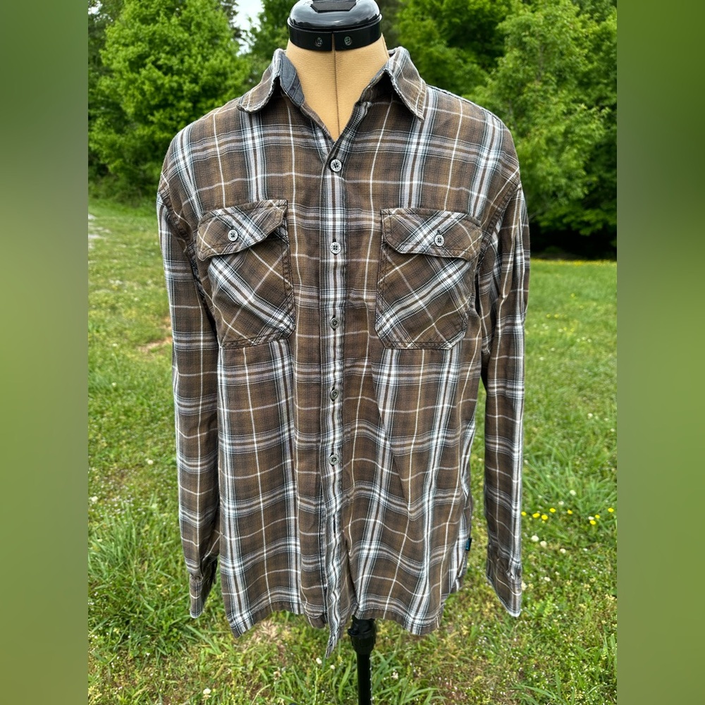 Men’s Kuhl plaid shirt. Born in the mountains. Hiking shirt. Long sleeve